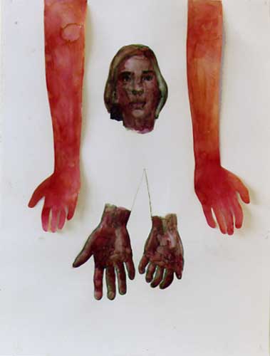 1996 leeg hoofd- lege handen - 100 x 70 cm. collage/waterverf op papier